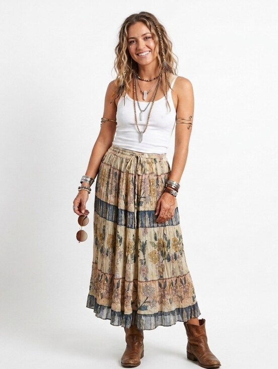 Phool Dresses & Skirts - PHOOL Vintage Boho Floral Crinkle Cotton Tiered Elastic Maxi Skirt- Petite Small